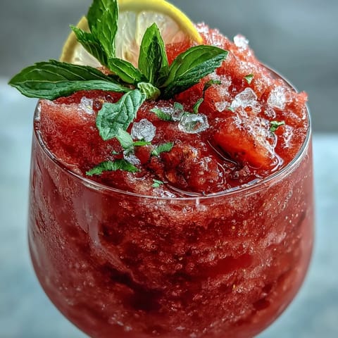 Refreshing frozen strawberry lemonade slushie served with mint garnish, featuring a frosty texture and bright citrus aroma.  