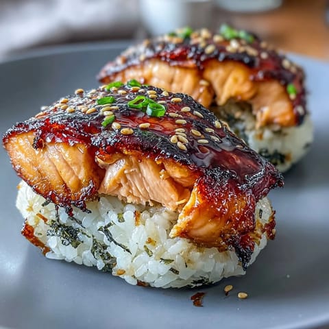 Delicious grilled salmon onigiri with crispy rice exterior and savory salmon filling, perfect for a quick Japanese snack.