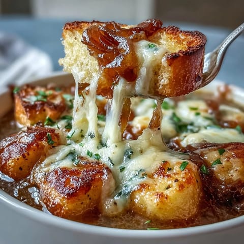 A bowl of gnocchi French onion soup topped with melted Gruyère cheese and toasted baguette slices.