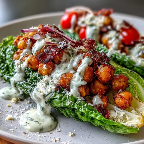 Crispy roasted chickpea croutons top a vibrant Vegan Caesar Salad.