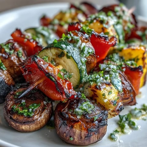 Vibrant grilled veggie kabobs with zesty chimichurri sauce, perfect summer side.