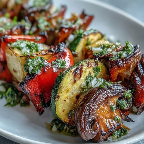 Smoky, colorful grilled veggie kabobs generously drizzled with fresh chimichurri sauce.