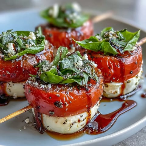 Fresh Caprese skewers with balsamic drizzle, bursting with summer flavors.