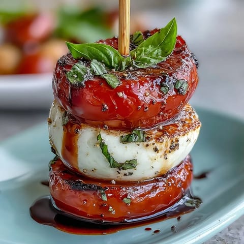 Colorful Caprese skewers appetizer, ready for dipping with balsamic glaze.