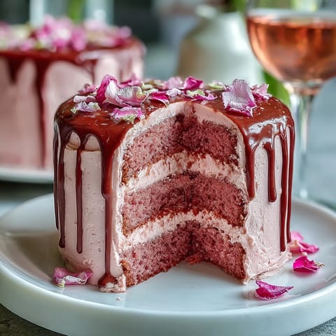 Elegant pink bridal shower rosé velvet cake with shimmering gold drip.