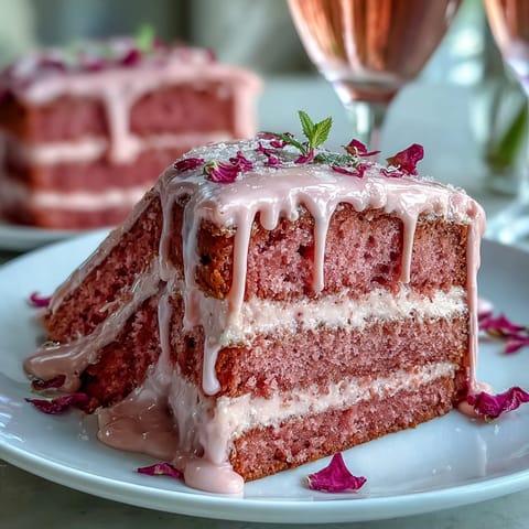 Luxurious rosé velvet cake, perfectly frosted, with a decadent gold cascade.