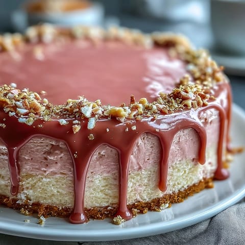 Beautiful Bridal Shower Rosé Velvet Cake, decadently frosted with a shimmering gold drip.