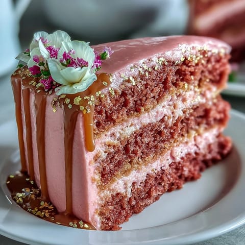 Bridal Shower Rosé Velvet Cake, a stunning blush cake with glossy gold drip.