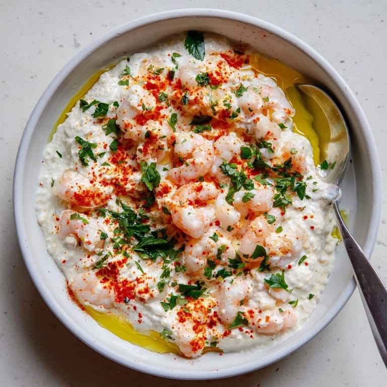 Easy shrimp and garlic oil dip recipe; see its creamy texture and vibrant colors.