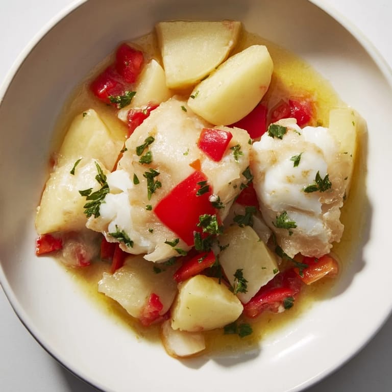 Savor the aroma of this 1-Pan Potato and Bacalao Stew, with rustic vegetables and salt cod pieces.
