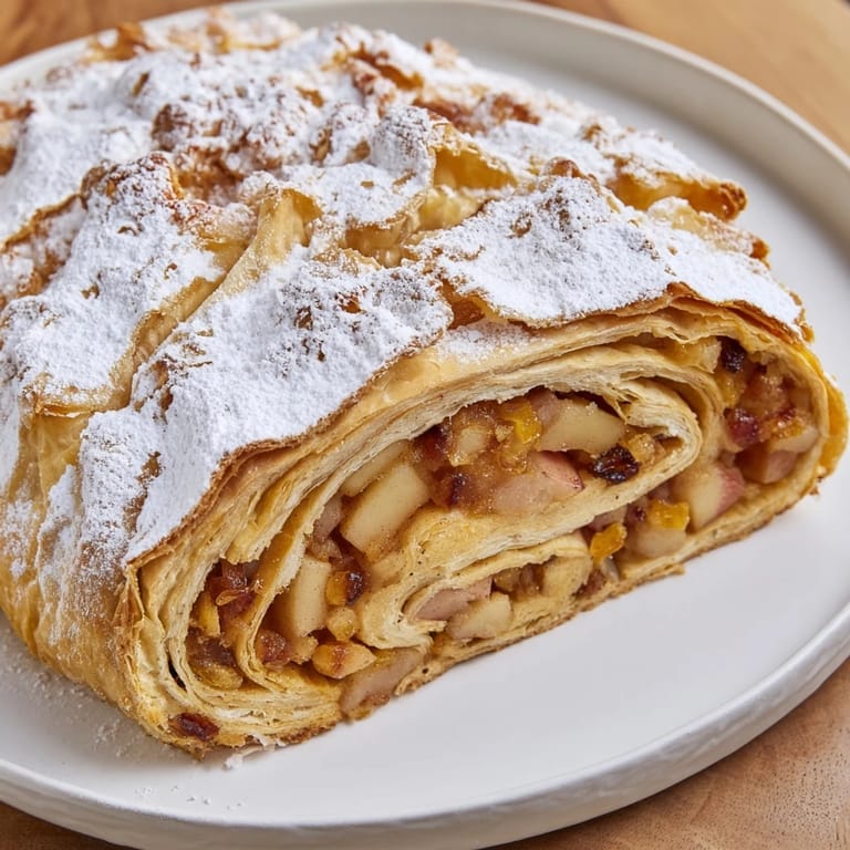 Warm oven-baked apple strudel rolls, dusted with powdered sugar, perfect for a cozy afternoon treat.