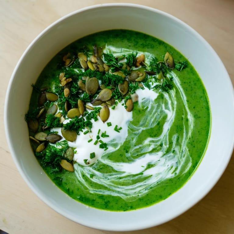 Close-up of the finished Viral Nettle Soup Twist, garnished with yogurt and seeds, ready to savor.