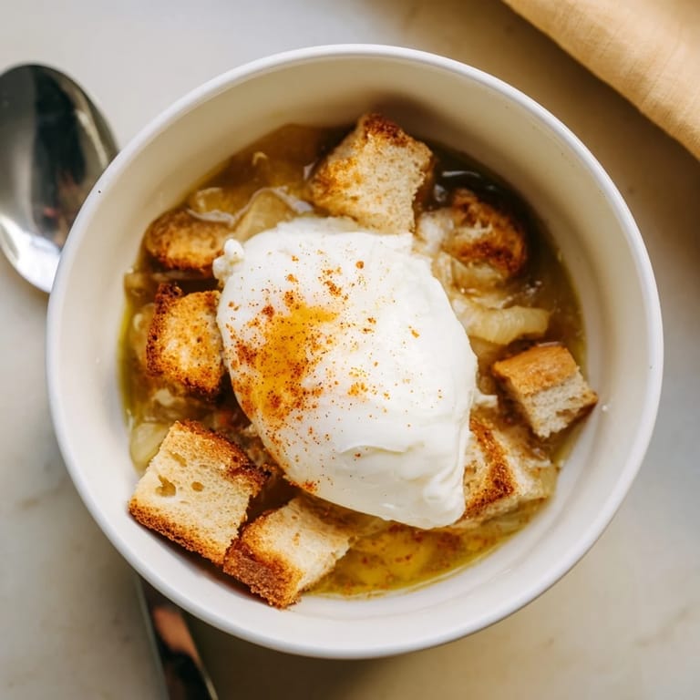 A rustic closeup shows the flavorful 5-Ingredient Sopa de Ajo, perfect as a comforting vegetarian meal anytime.