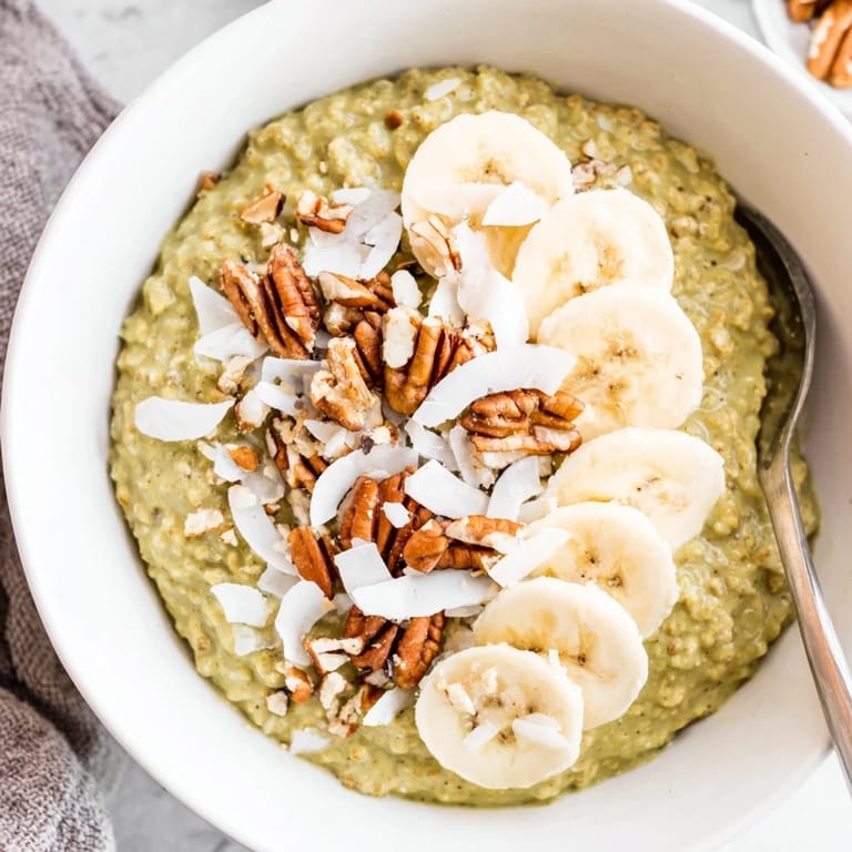 A close-up of delicious High-Protein Eggnog Matcha Overnight Oats, perfect for a protein-packed, cold breakfast.