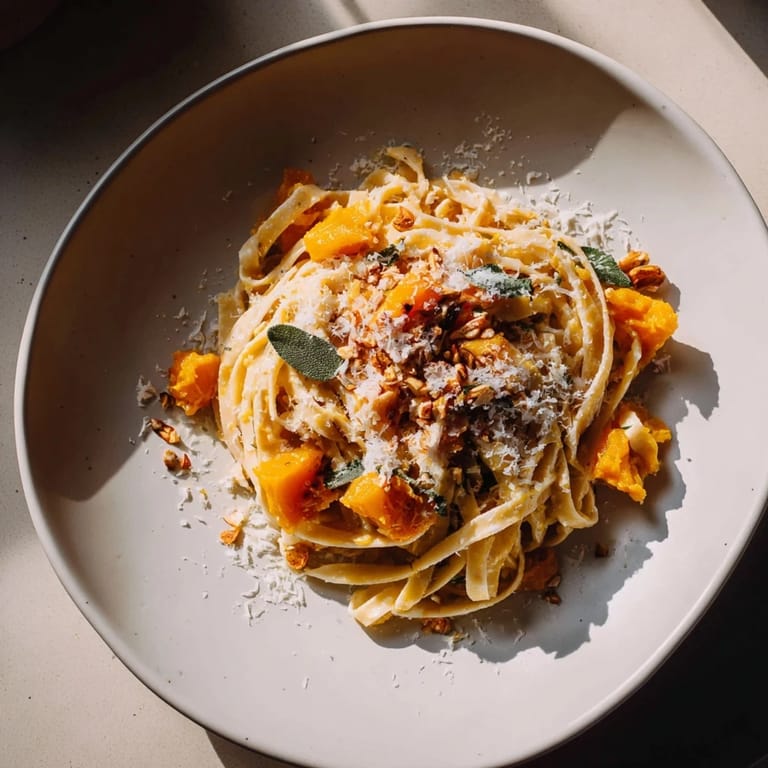 The Healthy Creamy Pumpkin Sage Holiday Pasta is plated, ready to be enjoyed with a sprinkle of Parmesan.