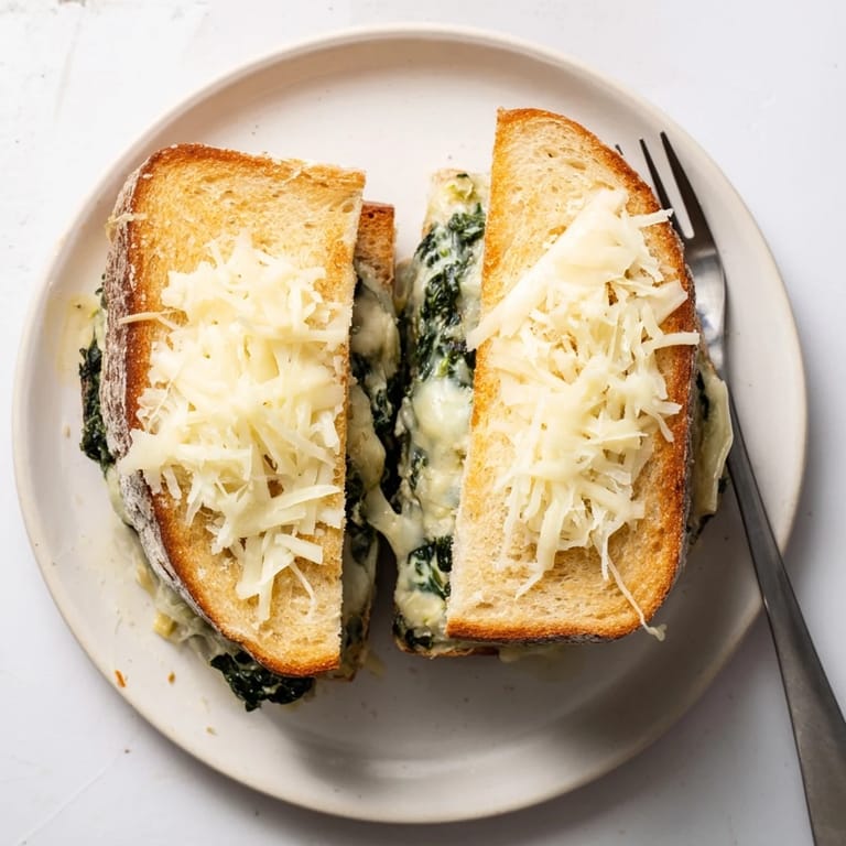 Crispy sourdough Air Fryer Spinach & Artichoke Dip Grilled Cheese, oozing with creamy spinach and artichoke filling.