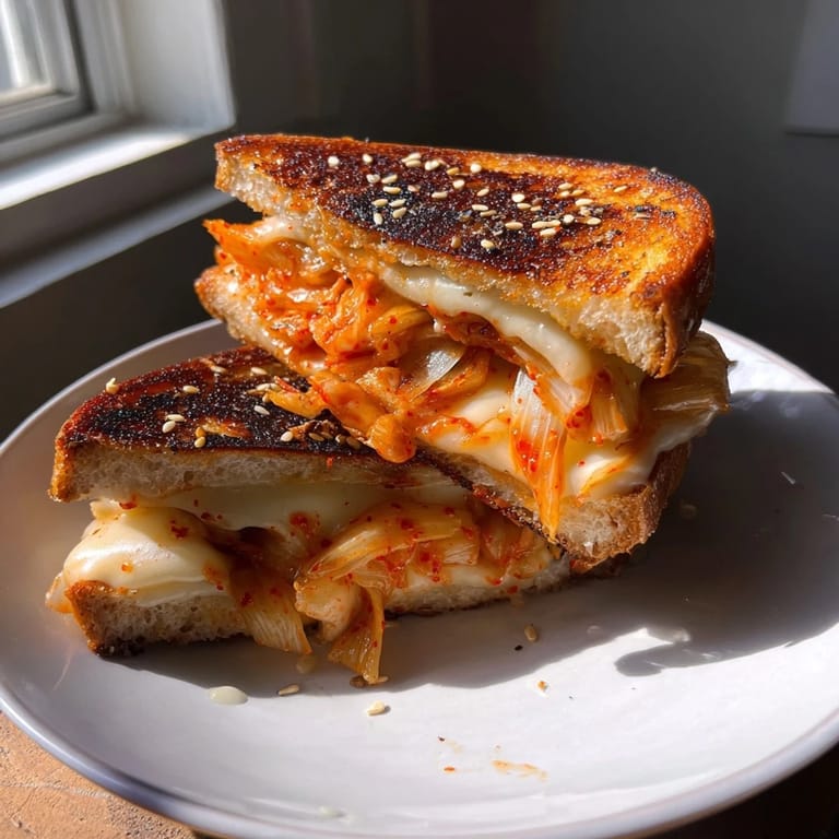 Savory Skillet Kimchi & Cheddar Fusion Grilled Cheese: the crispy, browned bread highlighting spicy Korean kimchi.