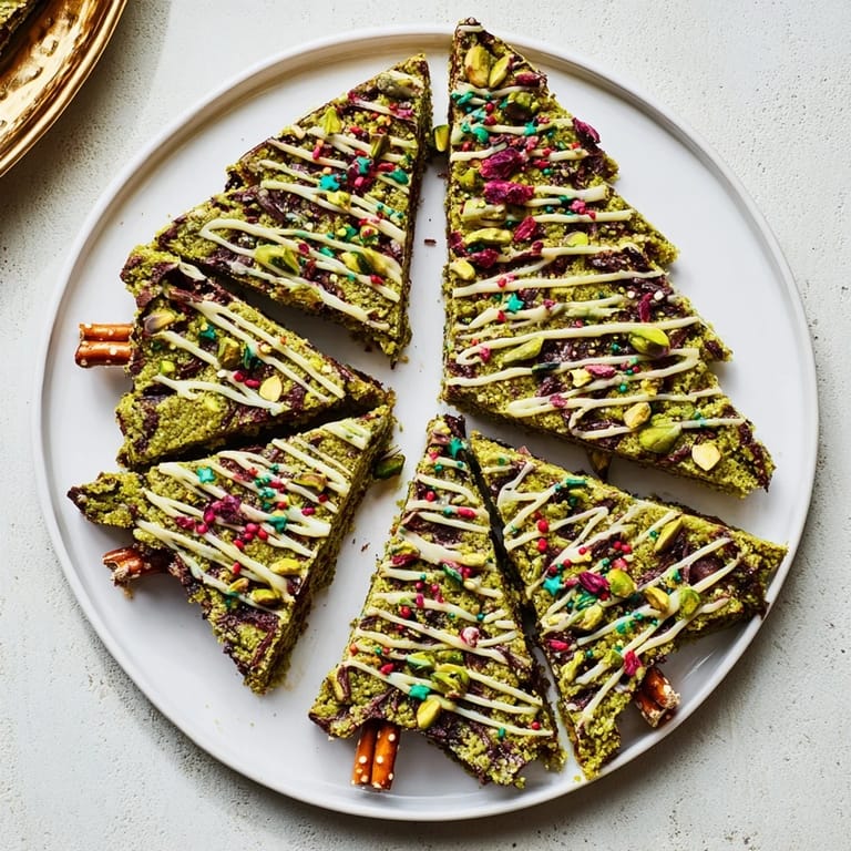 Chewy Matcha Pistachio Christmas Tree Blondie Bars, offering a mix of green hues and crunchy pistachios, ready to serve..