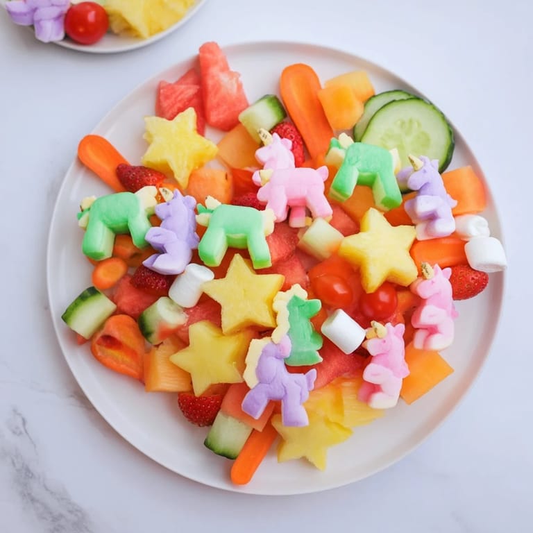 A visually stunning Unicorn Party Platter, full of sweet and savory snacks ready to be enjoyed.
