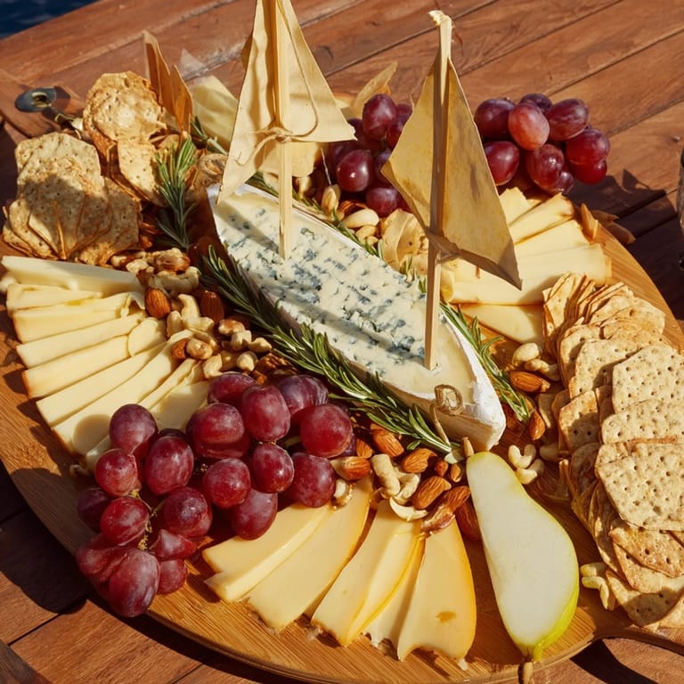 Delicious Sailboat Cheese Platter featuring Brie, grapes, and crackers, a perfect party snack.