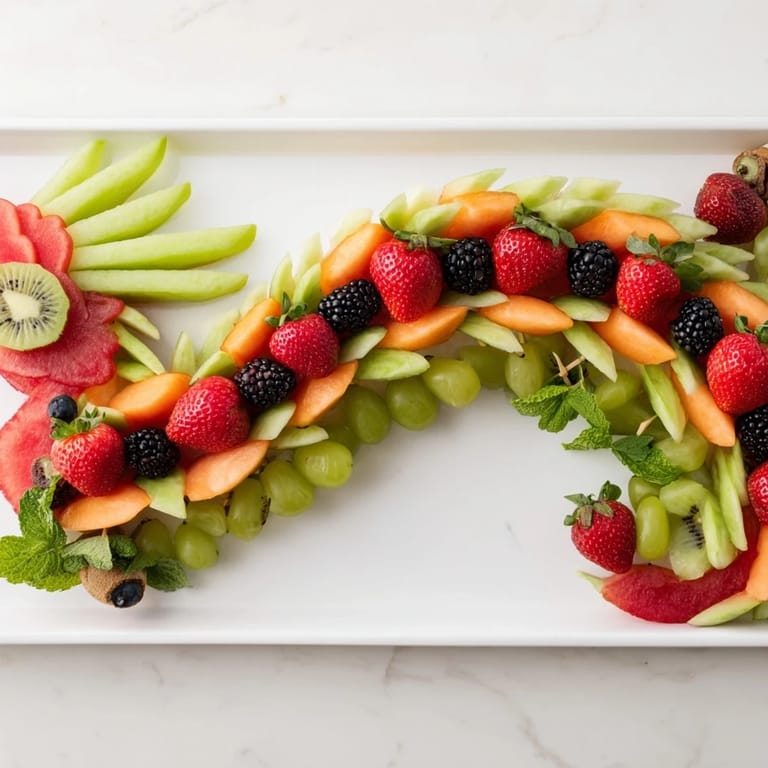 A whimsical display of the dragon-shaped fruit tray showcases a healthy, refreshing appetizer, ready to serve and enjoy.