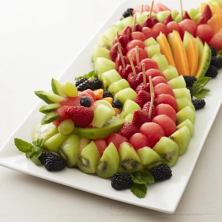 This captivating dragon-shaped fruit tray bursts with bright, juicy fruits, skillfully arranged on a large platter.