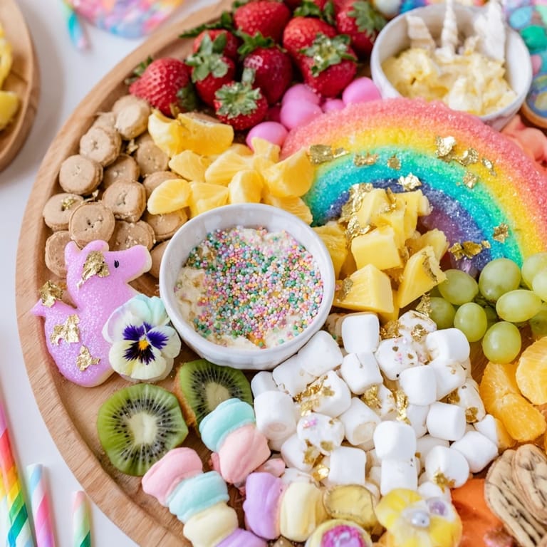 A vibrant and delightful Magical Unicorn Rainbow Dessert Board filled with fresh fruits and sugary treats.