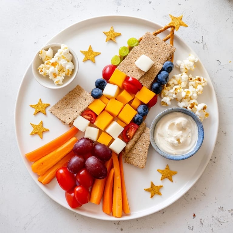 A fun-filled Blast Off Spaceship Snack Board arranged to look like a rocket, perfect for kids.