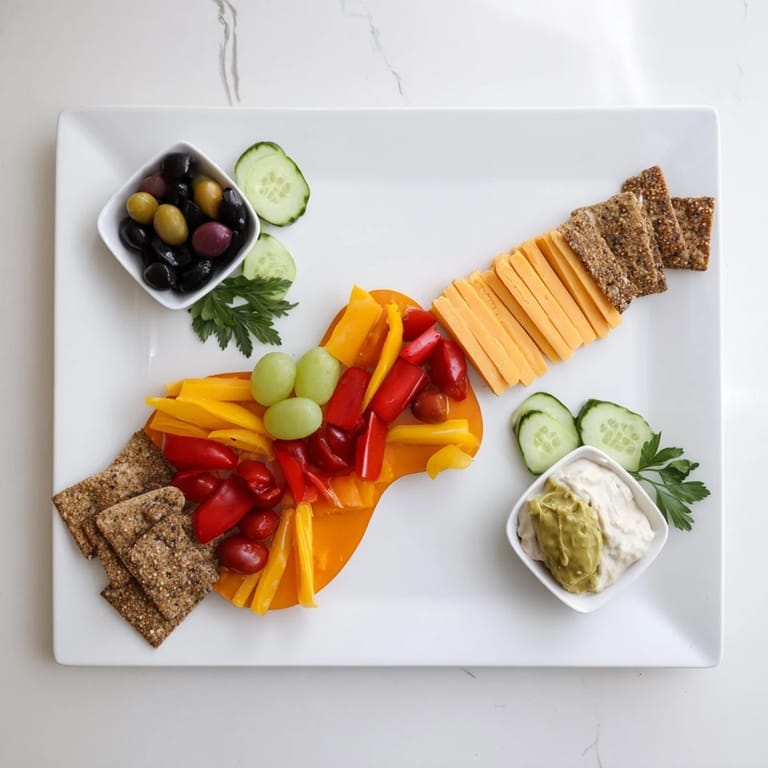 This Rock Star Guitar Snack Platter features colorful cheese, meats, and dips ready for a party.