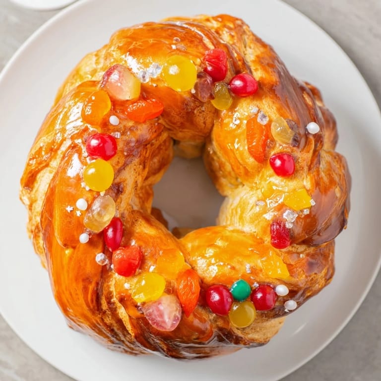 Brightly colored candied fruit highlights the soft and pillowy texture of the Couronne de Roi Bijoux Sucrés.