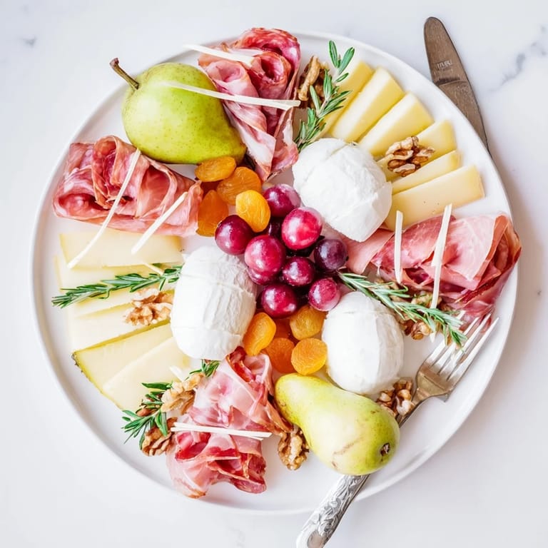 A close-up of a Rugby Ball Cheese Board with colorful fruit and assorted cheeses.