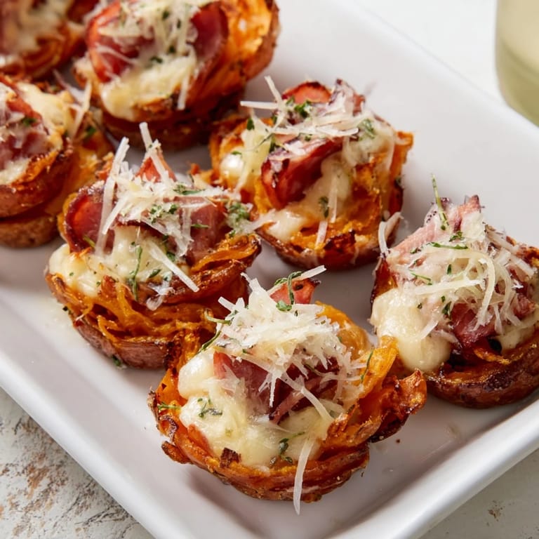 A bubbling baking dish of Plateau Moufle Chaud et Confortable with melted cheese, savory ham, and herbs.