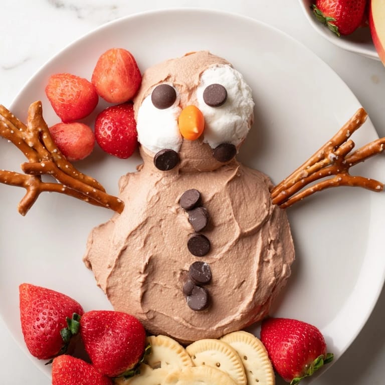 Festive Hot Cocoa Dip snowman, ready to be enjoyed with graham crackers and fresh, juicy strawberries.
