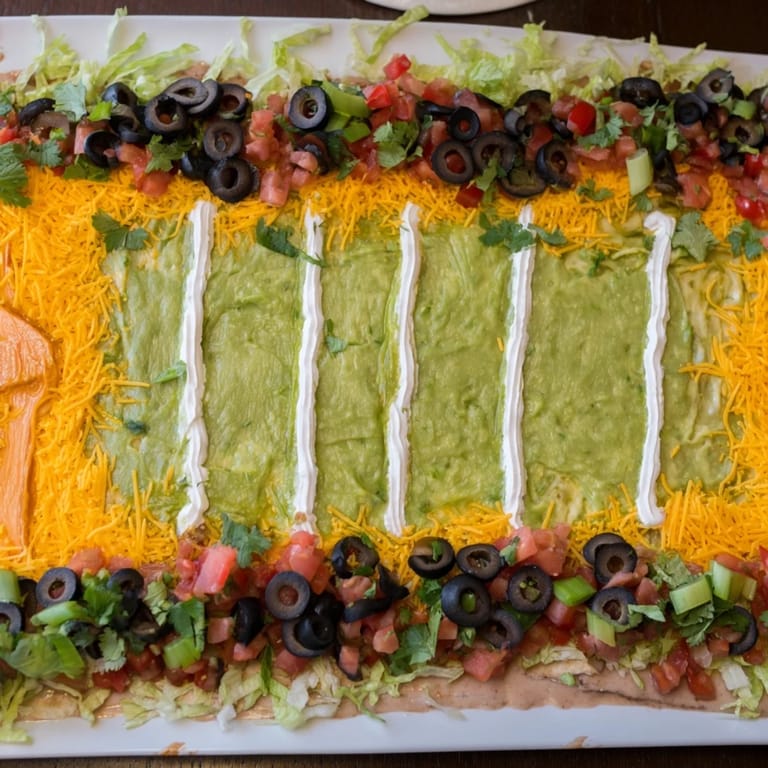 This eye-catching Football Field Dip is loaded with cheese and guacamole, ready for game day snacking.