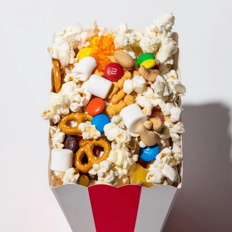 A Movie Night Popcorn Box Treat Display featuring a close-up of buttery popcorn next to gummy worms and pretzels.