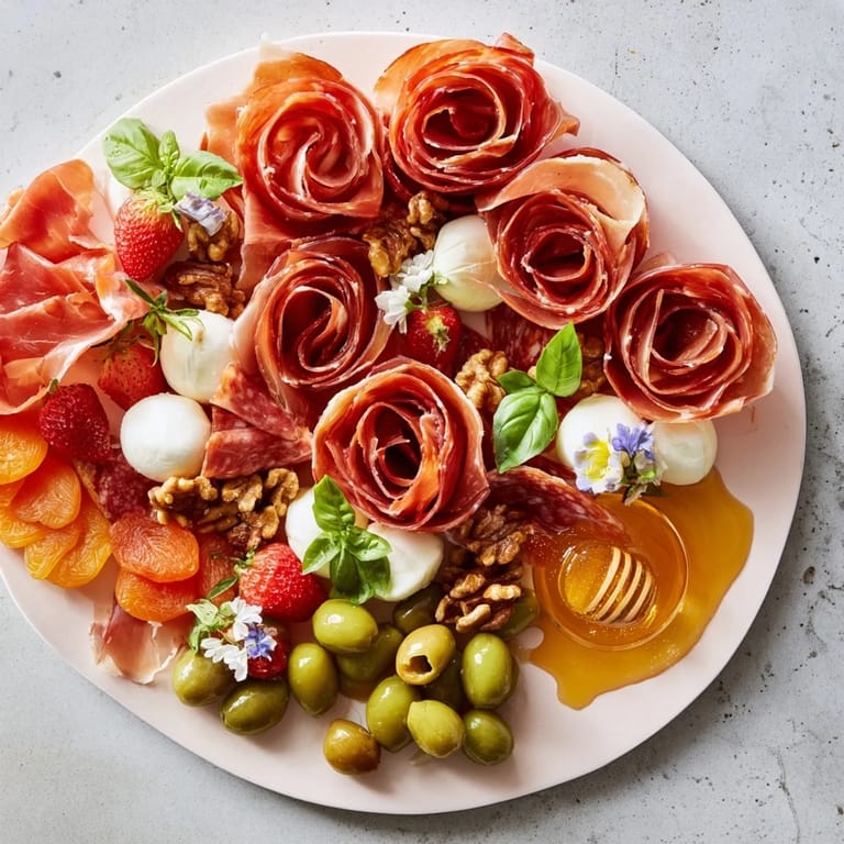 Artistic arrangement of the Prosciutto Rose Bouquet Board, perfect for elegant gatherings and easy enjoyment.