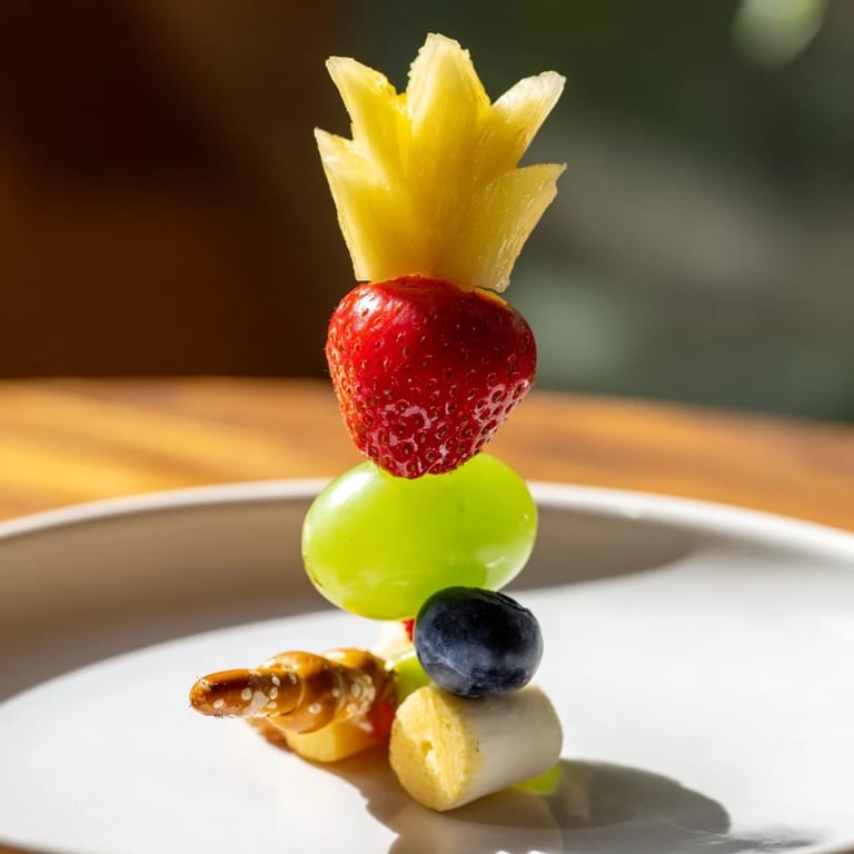 Colorful Christmas Light Fruit Skewers: a close-up shows juicy grapes and pineapple arranged on skewers.