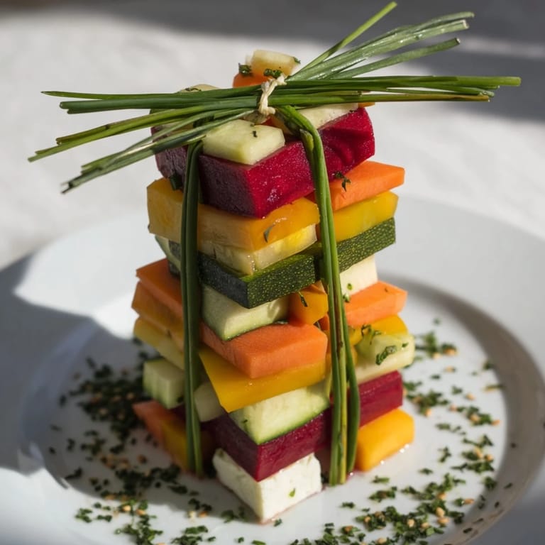 Freshly prepared stacked gift box veggie cubes, a holiday-themed snack featuring colorful, diced vegetables and cheese.