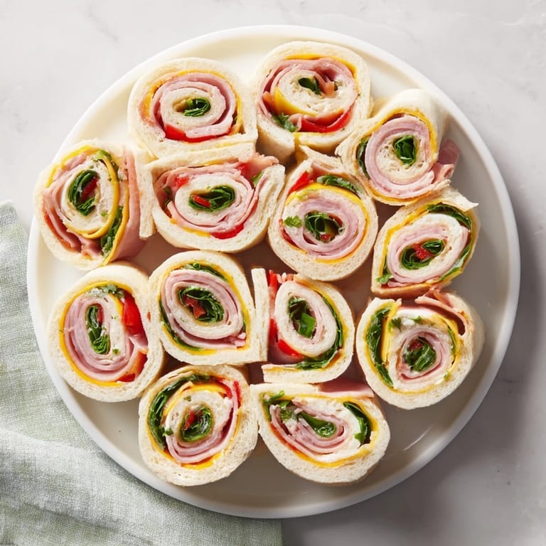 Freshly made Party Sandwiches: Star-shaped roll-ups brimming with savory meats and creamy cheese.