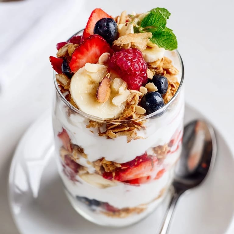 Enjoy a quick, delicious assembly of Yogurt and Granola Parfait glasses layered for brunch.
