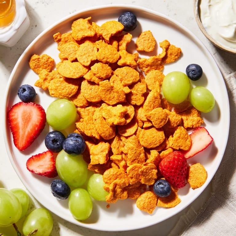Vivid image of a rainbow Goldfish crackers mountain beside fresh fruit for snacking.