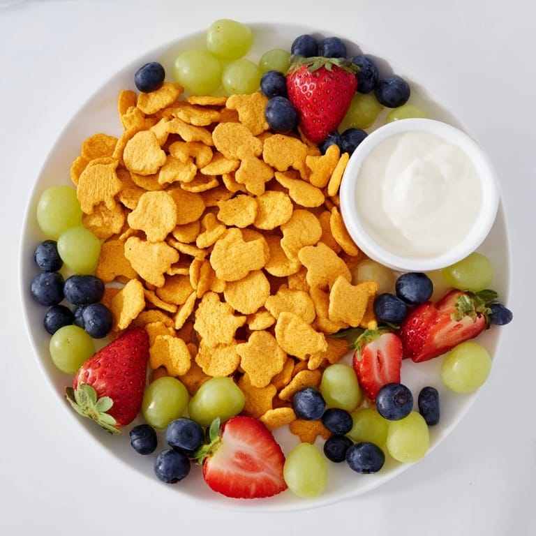 A colorful serving of rainbow Goldfish crackers with blueberries, strawberries, and yogurt dip.