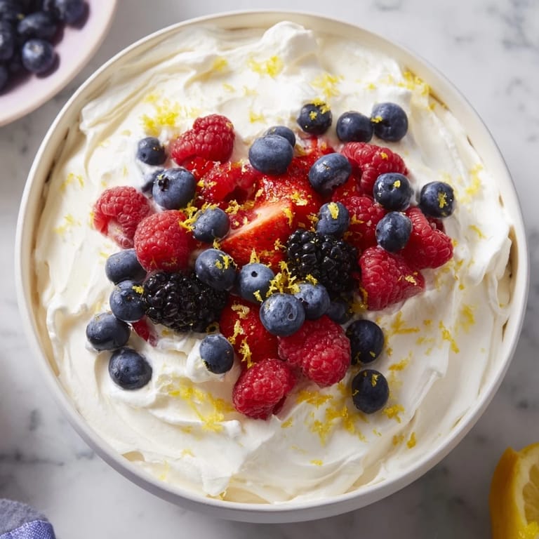A bowl of fluffy cream cheese fruit dip surrounded by a vibrant medley of fresh, juicy berries.
