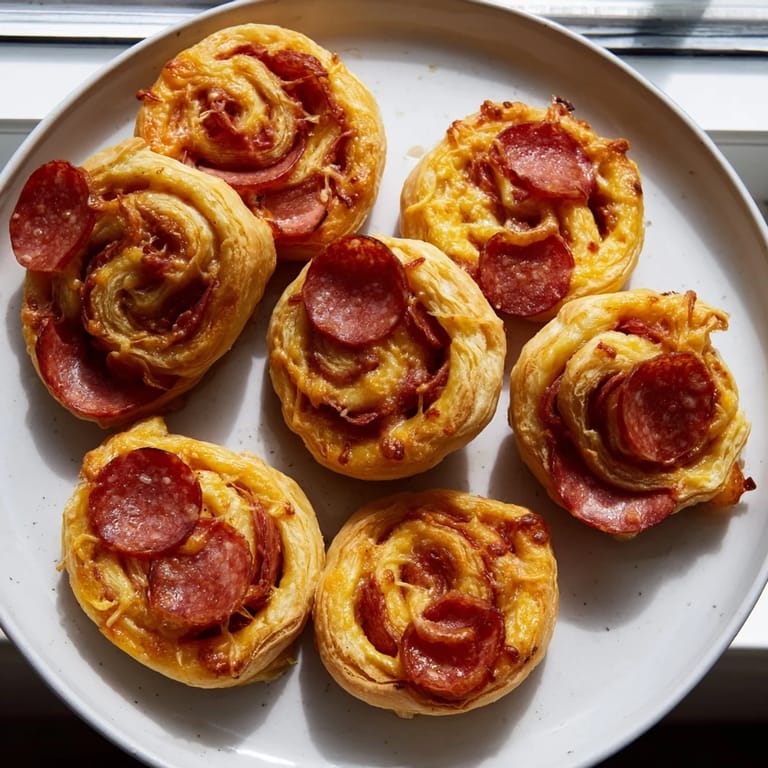Close-up of baked Sliced Cheddar and Salami Scrolls, smelling richly of buttery pastry and salami.