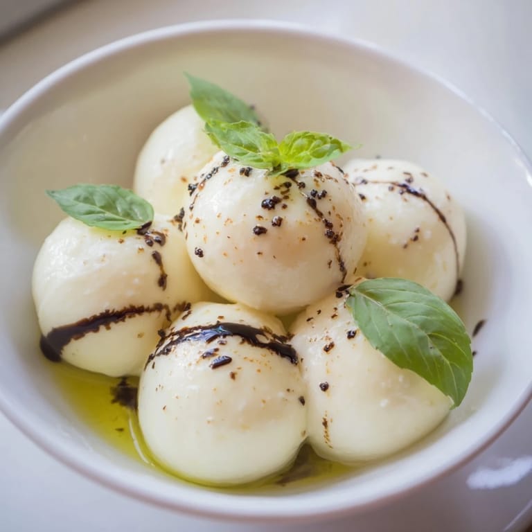 Shiny mozzarella pearls lightly seasoned with olive oil and pepper, a quick snack idea.