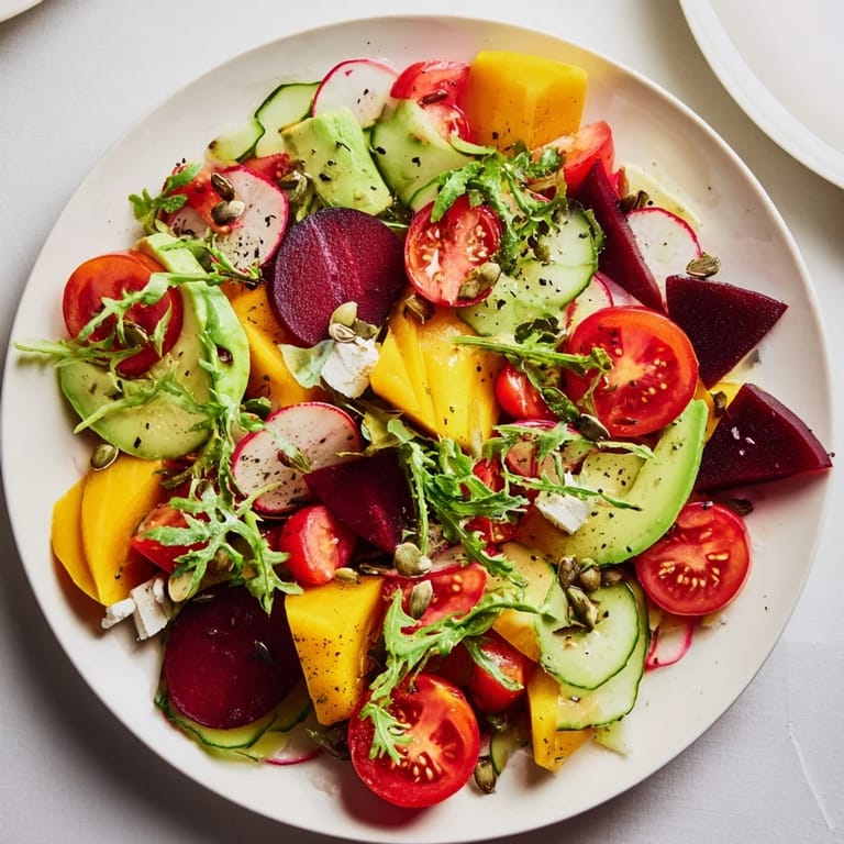 This beautiful Abstract Expressionist Splash salad showcases a chaotic arrangement of fresh, colorful, raw ingredients.