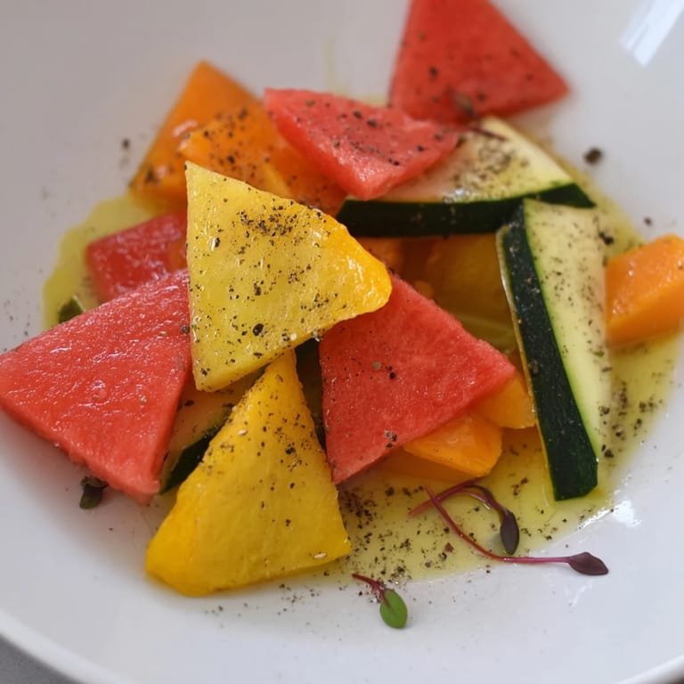 Fresh, colorful Cubist Deconstruction on a platter, ready to be drizzled with olive oil.