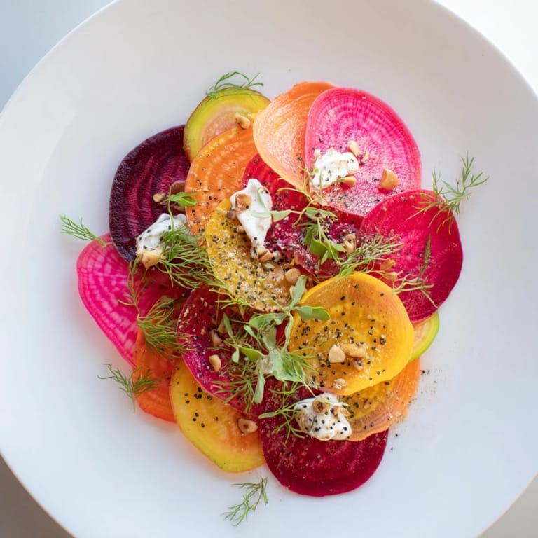 Vibrant plate of Kinetic Motion Blur includes fresh vegetables and herbs, ready to impress guests with color.