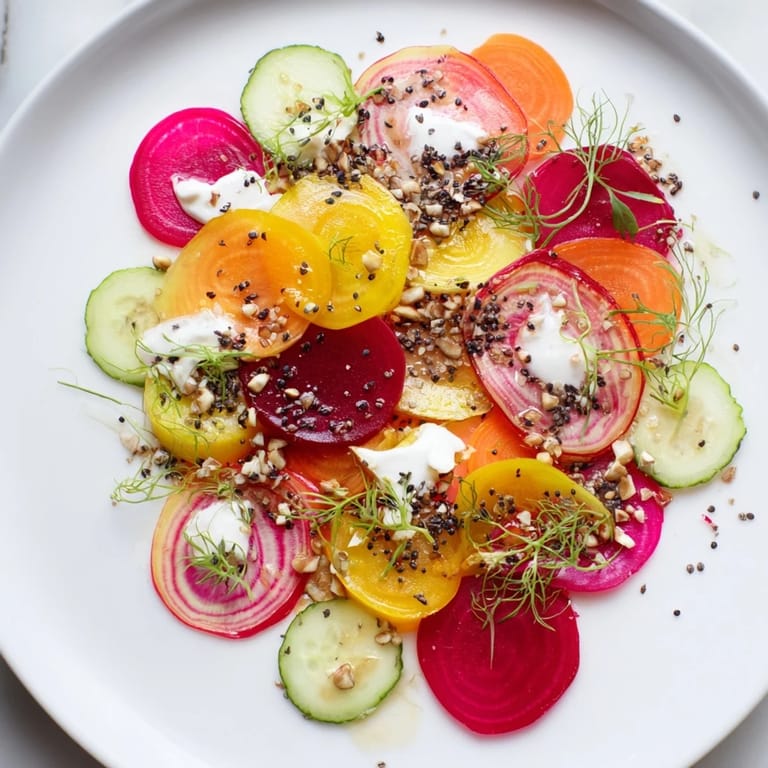 This visually dynamic Kinetic Motion Blur appetizer displays a beautiful arrangement of colorful slices and greens.