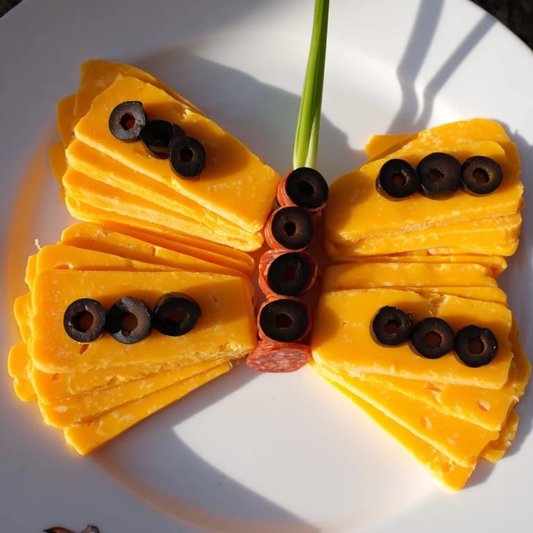 Vibrant cheddar cheese wings grace this The Butterfly Migration platter with savory salami and olive details.